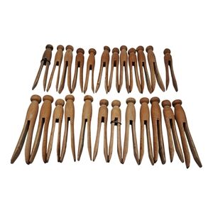 Vintage Primitive Round Wooden Clothespins Knob Top Set of 24 Farmhouse Craft